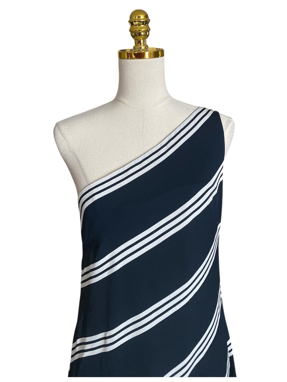 Ralph Lauren 100% Silk One-Shoulder Navy/White Striped Cocktail Maxi Dress Sz 12 - Picture 8 of 11